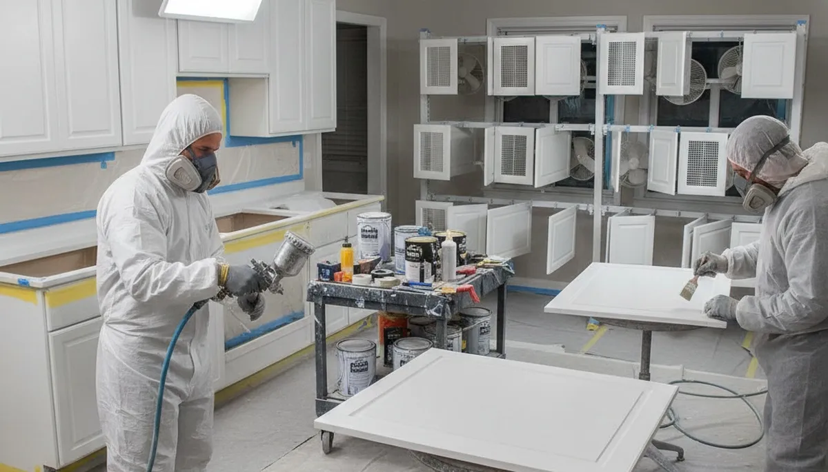 Professional cabinet painting in Andover MA using spray and brush techniques for smooth kitchen finishes