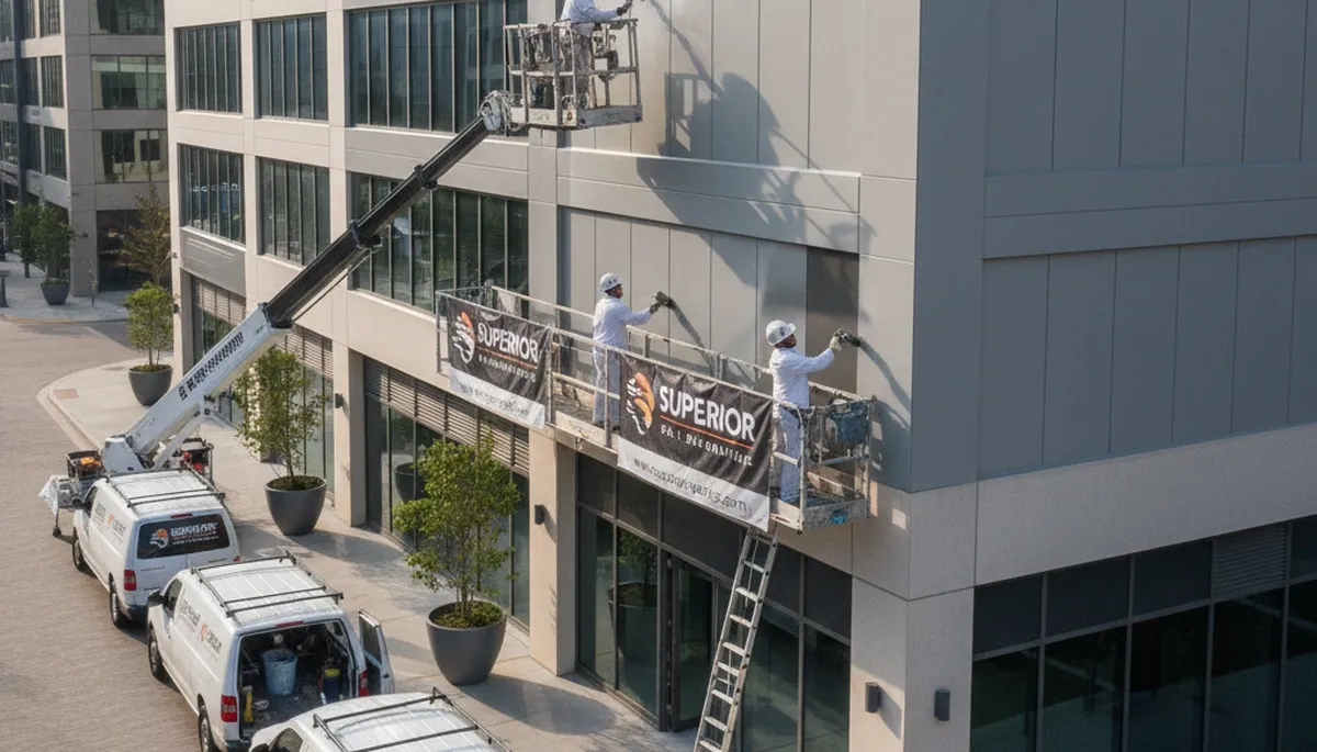 Professional commercial painters working on office building exterior in Andover, MA