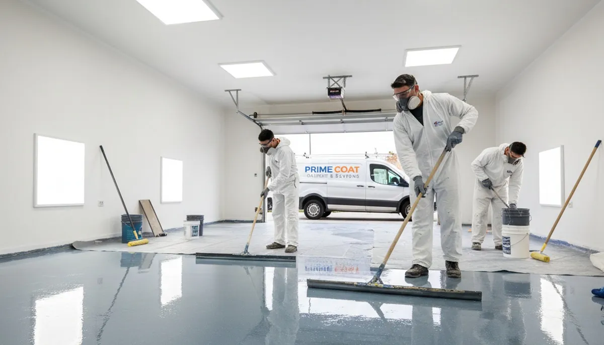 Epoxy floor coating in Andover, MA garage by professional house painters for durable, polished finish
