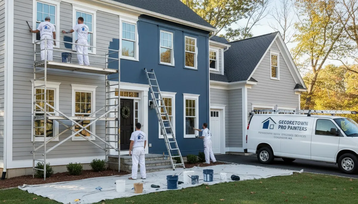 Professional house painters working on residential exterior in Andover MA